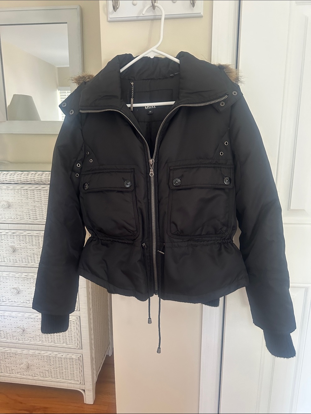 DKNY Classic Black Puffer Jacket with Hood